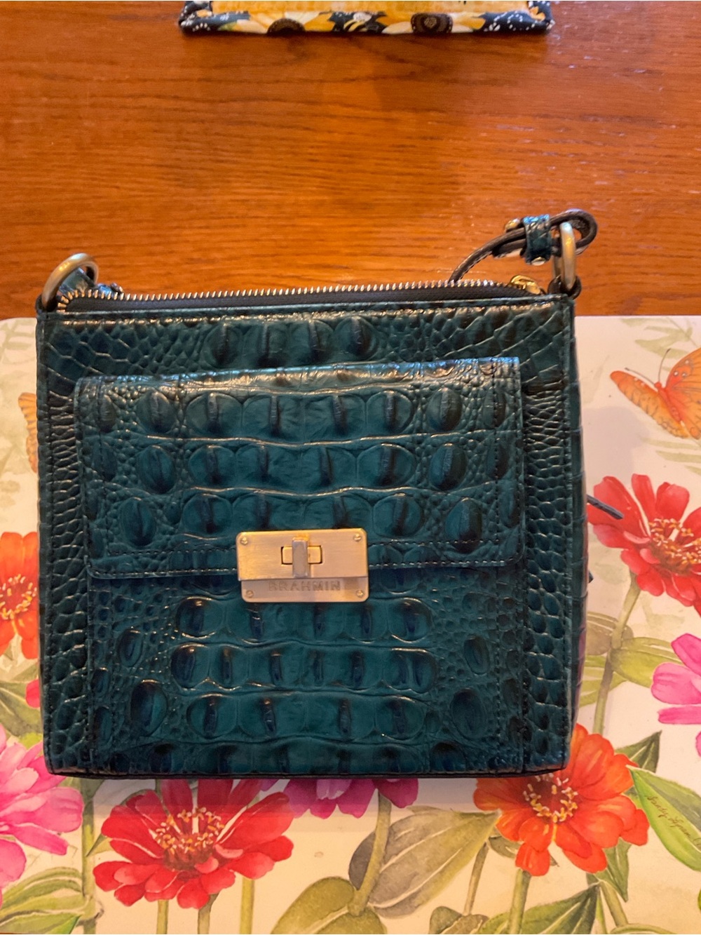 BRAHMIN like new Croc-Embossed Leather Crossbody Bag in Teal